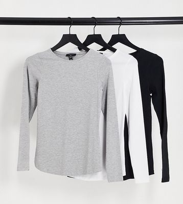 New Look Tall 3 pack crew neck long sleeve tees in black, white and gray-Multi