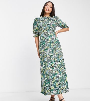 New Look Tall collared puff sleeve midi dress in blue floral