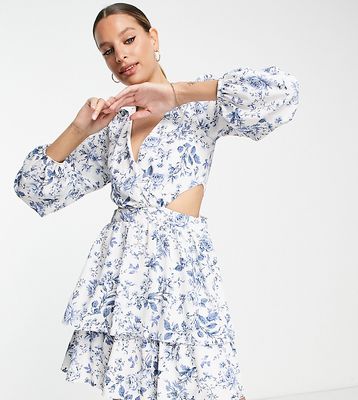 New Look Tall cut out long sleeve mini dress in blue floral