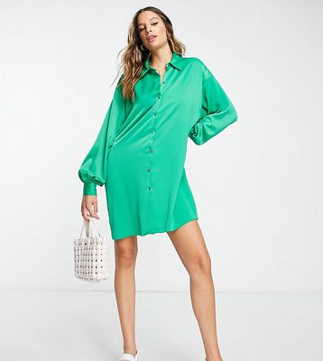 New Look Tall oversized satin shirt dress in green