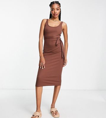New Look Tall ribbed tie waist body-conscious midi dress in brown