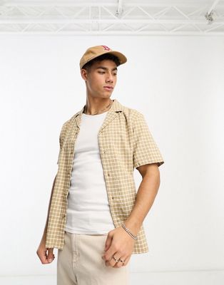 New Look textured check revere shirt in stone-Neutral