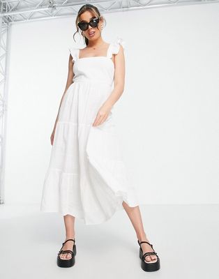 New Look tie back ruffle strap tiered midi dress in white