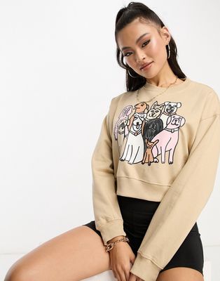 New Love Club cropped sweater with dog print in tan-Brown