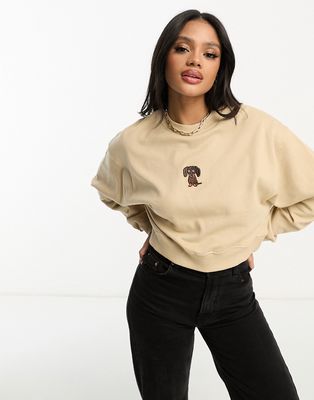 New Love Club cropped sweatshirt with dog embroidery in tan-Brown