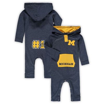 Newborn & Infant Colosseum Heathered Navy Michigan Wolverines Henry Pocketed Hoodie Romper in Heather Navy