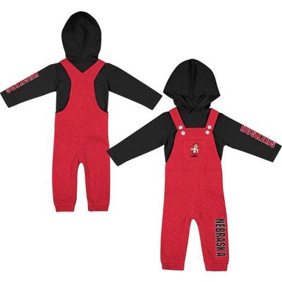 Newborn & Infant Colosseum Heathered Scarlet/Heathered Black Nebraska Huskers Chim-Chim Long Sleeve Hoodie T-Shirt & Overall Set