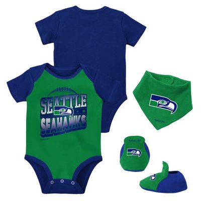 Newborn & Infant Mitchell & Ness Green/Royal Seattle Seahawks Throwback Big Score Creeper Bib and Bootie Set