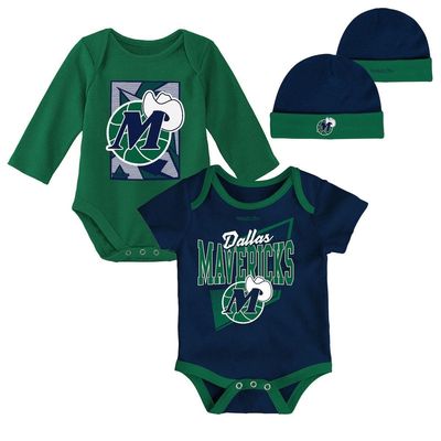 Newborn & Infant Mitchell & Ness Navy/Green Dallas Mavericks 3-Piece Hardwood Classics Bodysuits & Cuffed Knit Hat Set