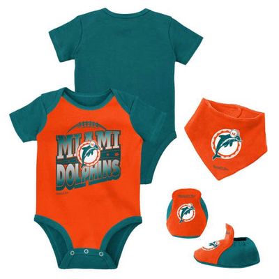 Newborn & Infant Mitchell & Ness Orange/Aqua Miami Dolphins Throwback Big Score Creeper Bib and Bootie Set