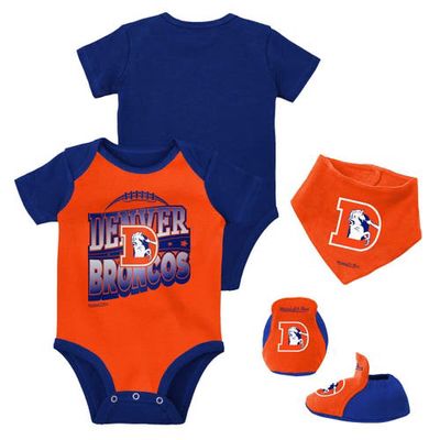 Newborn & Infant Mitchell & Ness Orange/Royal Denver Broncos Throwback Big Score Creeper Bib and Bootie Set