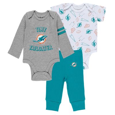 Newborn & Infant WEAR by Erin Andrews Gray/Aqua/White Miami Dolphins Three-Piece Turn Me Around Bodysuits & Pant Set