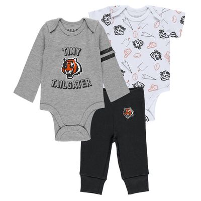 Newborn & Infant WEAR by Erin Andrews Gray/Black/White Cincinnati Bengals Three-Piece Turn Me Around Bodysuits & Pant Set