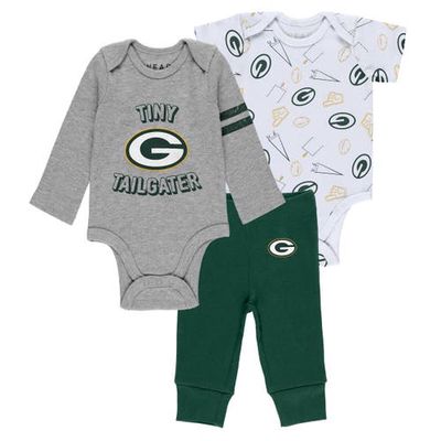 Newborn & Infant WEAR by Erin Andrews Gray/Green/White Green Bay Packers Three-Piece Turn Me Around Bodysuits & Pant Set