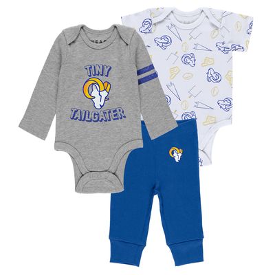 Newborn & Infant WEAR by Erin Andrews Gray/Royal/White Los Angeles Rams Three-Piece Turn Me Around Bodysuits & Pant Set