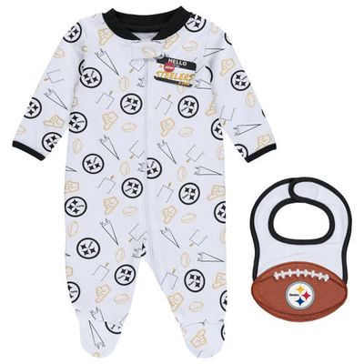 Newborn & Infant WEAR by Erin Andrews White Pittsburgh Steelers Sleep & Play Full-Zip Footed Jumper & Bib Set in Black