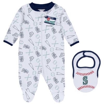 Newborn & Infant WEAR by Erin Andrews White Seattle Mariners Sleep & Play Full-Zip Footed Jumper with Bib in Navy