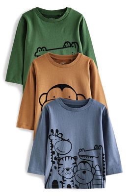 NEXT Kids' Assorted 3-Pack Linear Safari Long Sleeve Graphic T-Shirts in Blue/Green/Brown