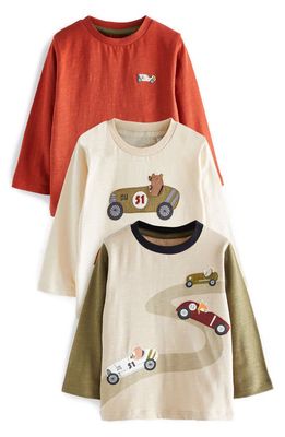 NEXT Kids' Assorted 3-Pack Racing Cars Long Sleeve T-Shirts in White/Beige/Orange