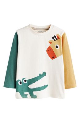 NEXT Kids' Colorblock Giraffe & Crocodile Print Long Sleeve Graphic T-Shirt in White