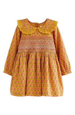 NEXT Kids' Floral Long Sleeve Shirred Bodice Cotton Dress in Ochre