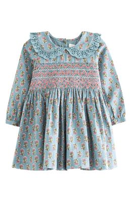 NEXT Kids' Floral Long Sleeve Shirred Bodice Cotton Dress in Teal