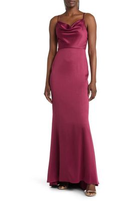 NEXT UP Cowl Neck Satin Gown in Wine