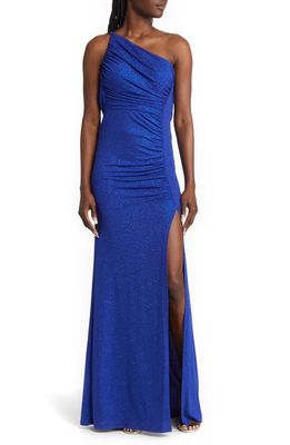 NEXT UP One-Shoulder Glitter Knit Gown in Sapphire