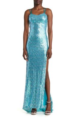 NEXT UP Strappy Fringe Trim Sequin Gown in Turq/Silver