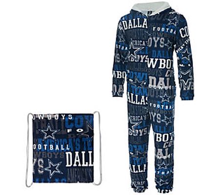 NFL Dallas Hooded Jumpsuit Ensemble With Cinch Bag
