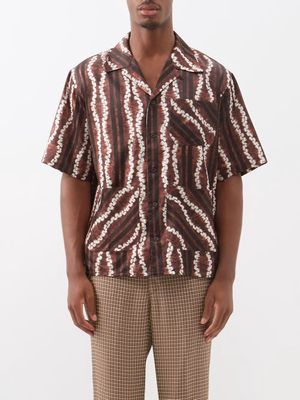 Nicholas Daley - Aloha Wave-print Twill Shirt - Mens - Brown Beige