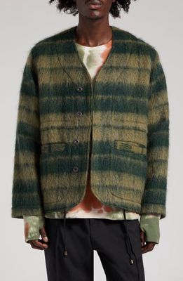 Nicholas Daley Collarless Plaid Wool & Mohair Blend Jacket in Olive/Dark Green
