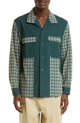 Nicholas Daley Flower Embroidery Button-Up Shirt in Green /Beige