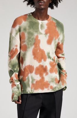 Nicholas Daley Oversize Tie Dye Long Sleeve Thermal T-Shirt in Olive Green/Copper/Ecru