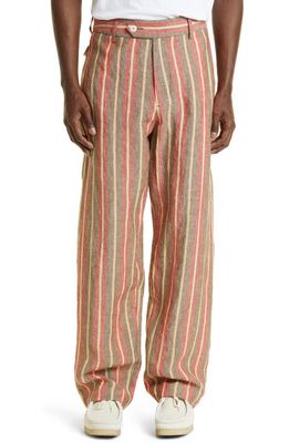 Nicholas Daley Stripe Straight Leg Linen Trousers in Red /Oatmeal Stripe