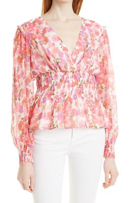 Nicole Miller Floral Smocked Silk Blouse in Coral/multi