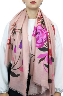 Nicoletta Rosi Floral Print Wool Fringe Scarf in Pink