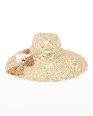 Nicolette Wide-Brim Crochet Raffia Rancher Hat w/ Leather Tassel Band