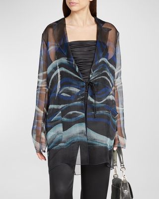 Night Water Print Self-Tie Silk Blouse Jacket