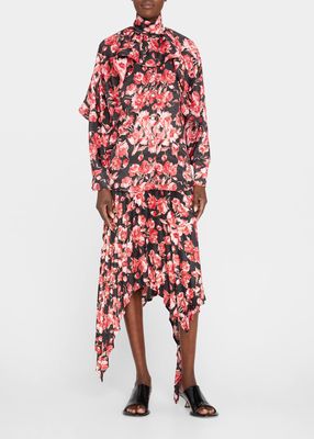 Nightmare Floral Draped-Sleeve Cape Blouse