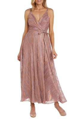 Nightway Metallic Stripe Faux Wrap Dress in Mauve