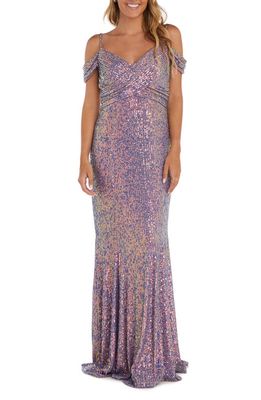 Nightway Off-The-Shoulder Sequin Gown in Rose/Lilac