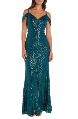 Nightway Sequin Off the Shoulder Gown in Emerald