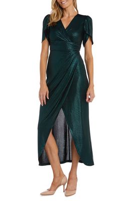Nightway Shimmer Tulip Sleeve Faux Wrap Gown in Black/Emerald
