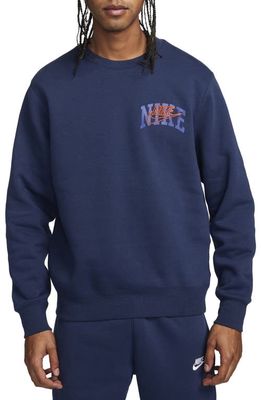 Nike Club Arch Logo Fleece Crewneck Sweatshirt in Midnight Navy/Safety Orange