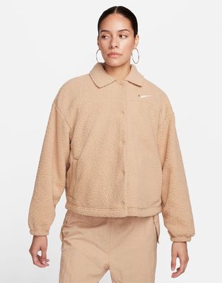 Nike cozy collared sherpa jacket in sand-White