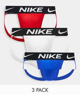Nike Dri-FIT Essential Cotton Stretch 3-pack jock straps in red/white/blue-Multi