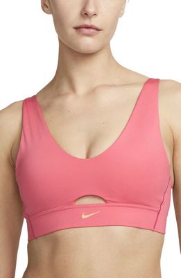 Nike Dri-FIT Indy Padded Strappy Cutout Medium Support Sports Bra in Sea Coral/Celestial Gold