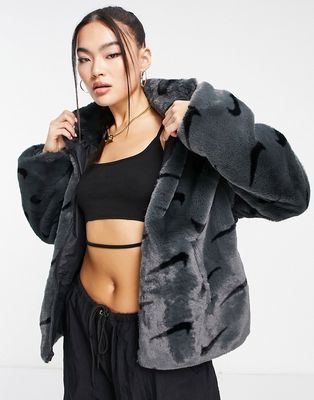 Nike faux fur printed jacket in gray