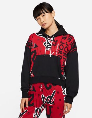 Nike Jordan Plus Core Essentials all over print fleece hoodie in black/red